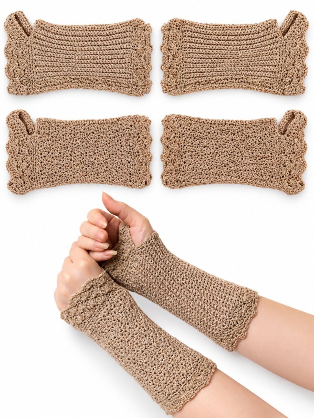 Handmade Crochet Fingerless Gloves Beige Taupe Wrist Warmers Scalloped Trim